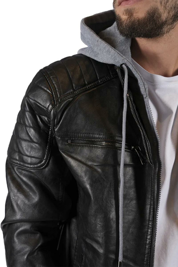 Ανδρικό μπουφάν δερματίνη με αποσπώμενη φούτερ κουκούλα