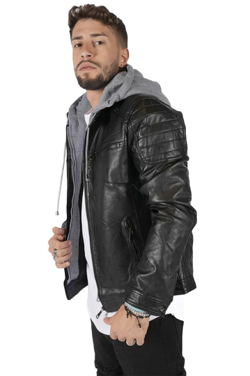 Ανδρικό μπουφάν δερματίνη με αποσπώμενη φούτερ κουκούλα