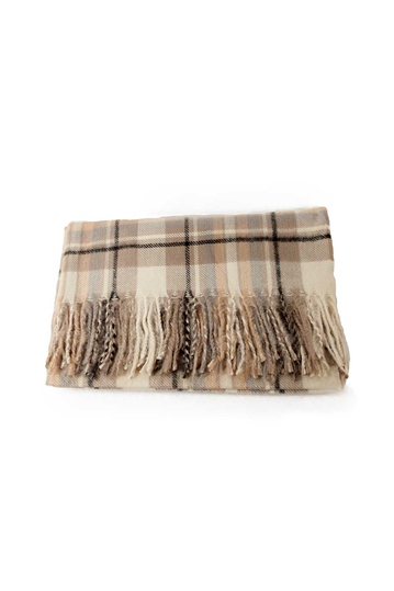 Checked viscose scarf beige with fringes