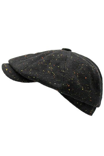 Wool flat cap with earflaps in tweed black
