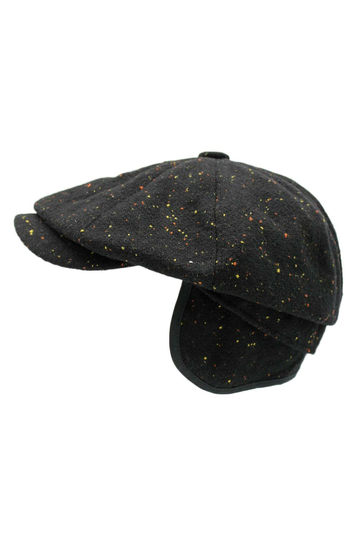 Wool flat cap with earflaps in tweed black