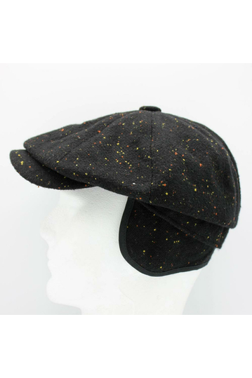 Wool flat cap with earflaps in tweed black