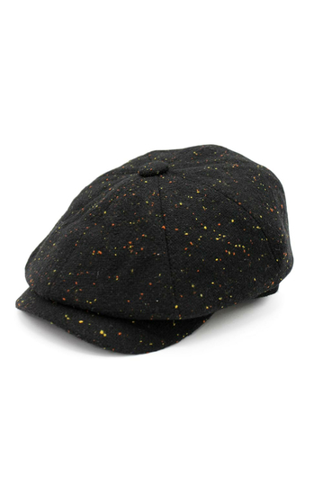 Wool flat cap with earflaps in tweed black