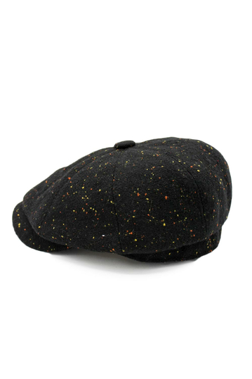 Wool flat cap with earflaps in tweed black