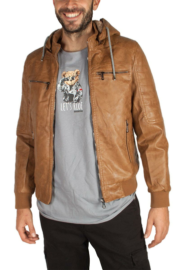 Men's faux leather jacket brown with detachable hood