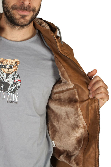 Ανδρικό μπουφάν δερματίνη καφέ με αποσπώμενη κουκούλα