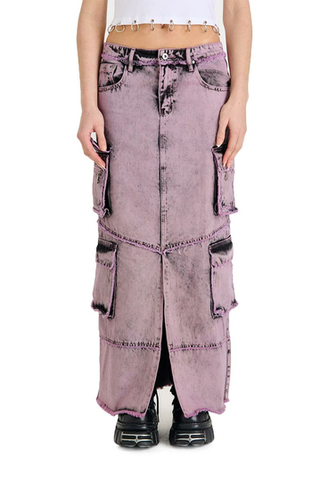 The Ragged Priest Vortex Denim Maxi Skirt Charcoal/Pink Wash