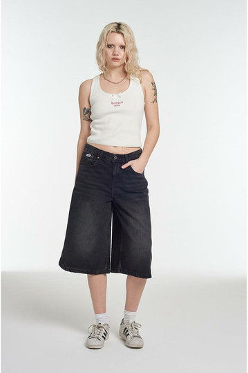 The Ragged Priest Denim Longline Baggy Shorts Black Washed