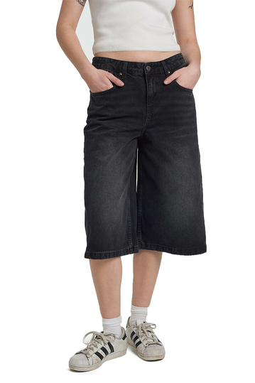 The Ragged Priest Denim Longline Baggy Shorts Black Washed