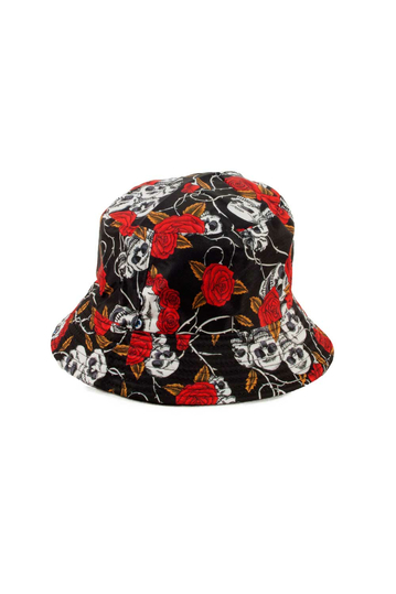 Reversible Bucket Hat Skull Roses Black