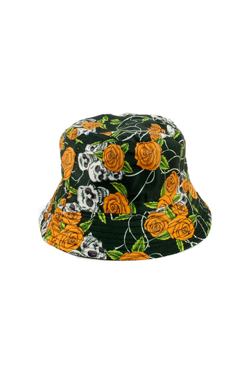 Reversible Bucket Hat Skull Roses Green