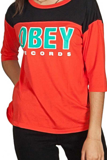 Obey Records 3/4 sleeve tee red
