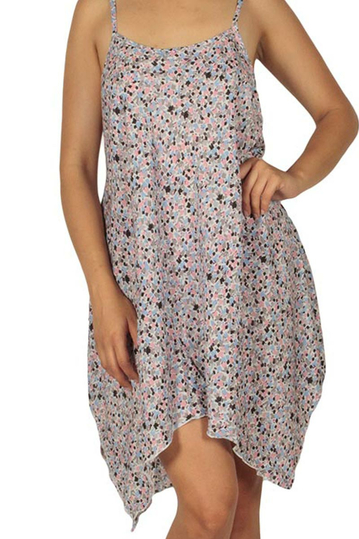 Asymmetrical strap dress with pink-blue print