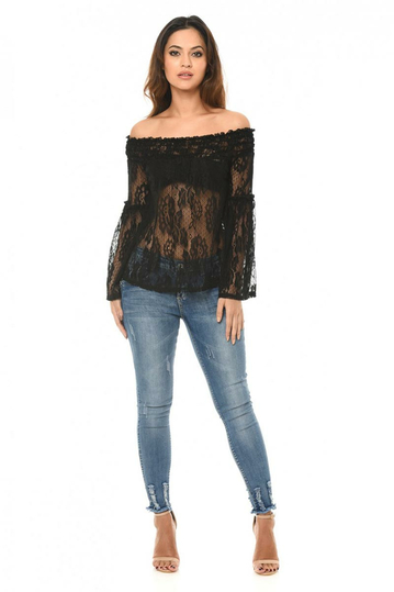 AX Paris Μπαρντό δαντελένιο τοπ μαύρο