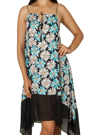 Asymmetrical strap dress with blue-white daisy print