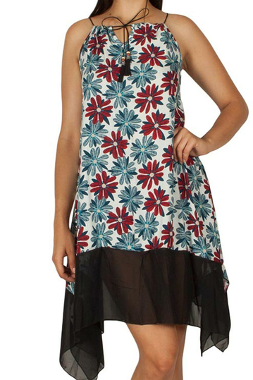 Asymmetrical strap dress with red daisy print