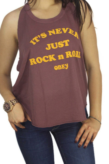 Obey women's tank Never just rock n roll dusty merlot