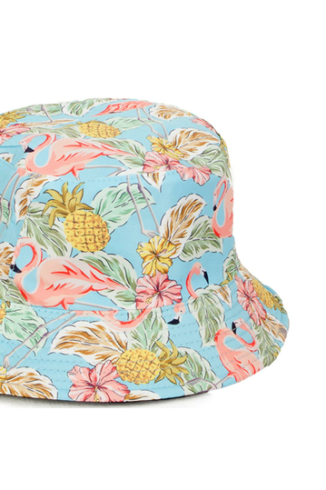 Reversible Bucket Hat Flamingo Print Light Blue