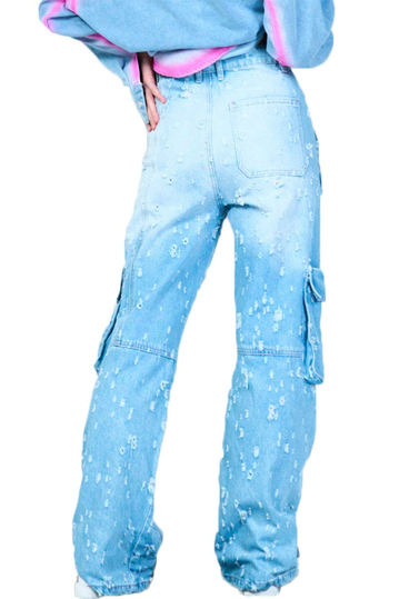Distressed Cargo Jeans Light Blue Wash