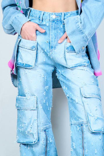 Distressed Cargo Jeans Light Blue Wash