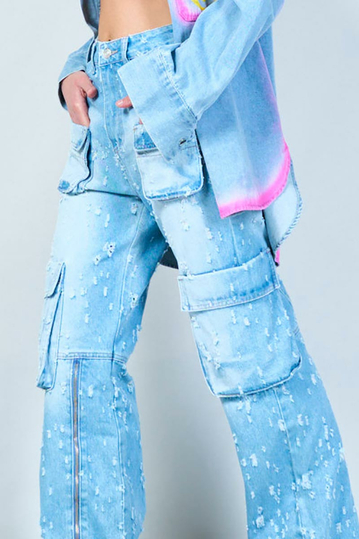 Distressed Cargo Jeans Light Blue Wash