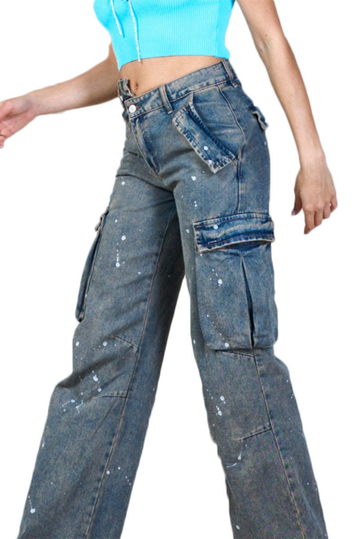 Washed Cargo Jeans With Splashes