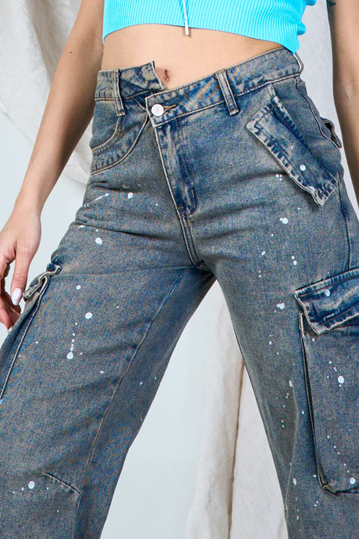 Washed Cargo Jeans With Splashes