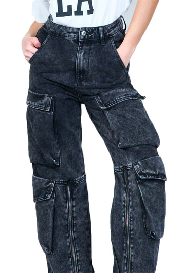 Acid Wash Cargo Jeans Black