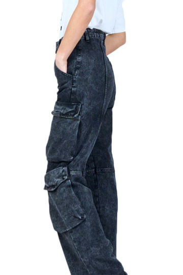Acid Wash Cargo Jeans Black