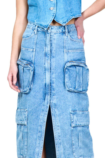 High Waisted Cargo Denim Skirt