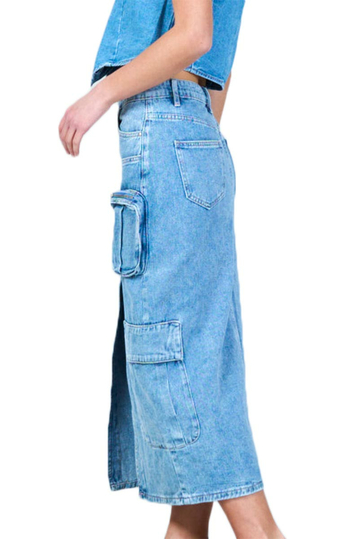 High Waisted Cargo Denim Skirt