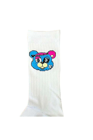 Teddy Bear Blue Head Socks White