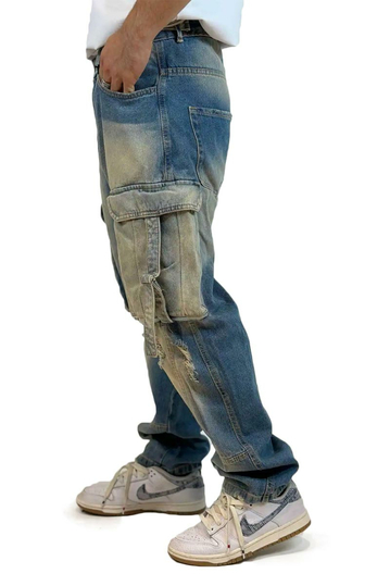 Distressed Cargo Jeans Blue Denim