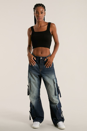 Alcott Cargo Baggy Fit Jeans Washed Medium Blue