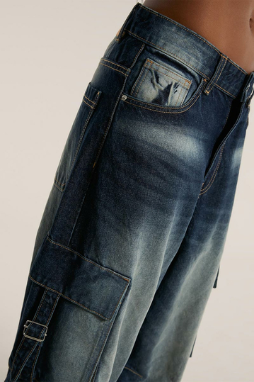 Alcott Cargo Baggy Fit Jeans Washed Medium Blue