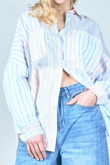 Multi-Stripe Oversized Shirt With Patchwork