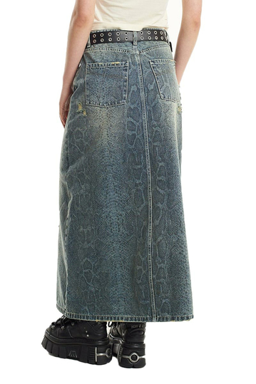 The Ragged Priest Distressed Denim Maxi Skirt With Snake Print