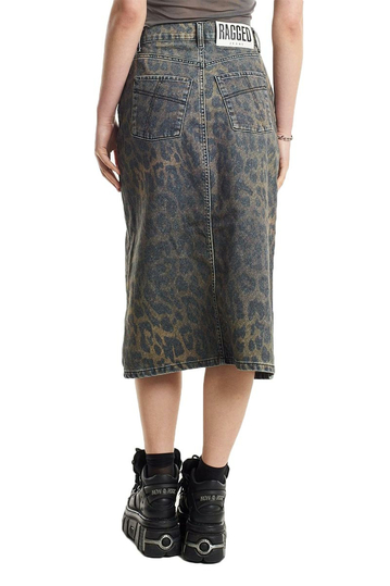 The Ragged Priest Dark Leopard Denim Midi Skirt