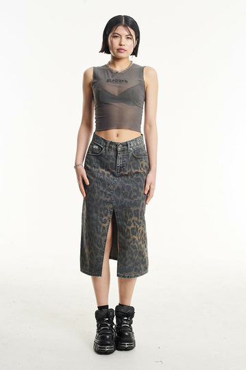 The Ragged Priest Dark Leopard Denim Midi Skirt