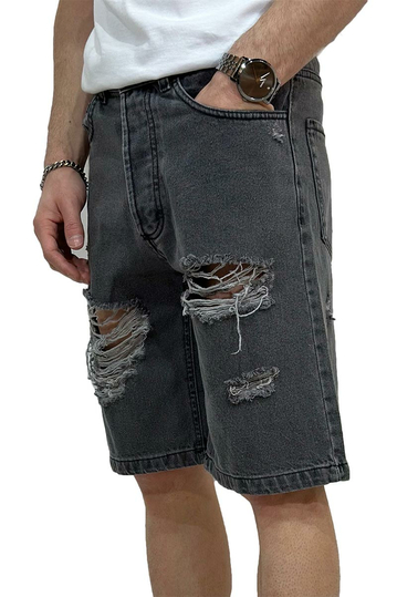 Distressed Denim Baggy Shorts Black Wash