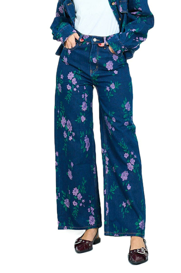 Wide Leg Floral Jeans Dark Blue