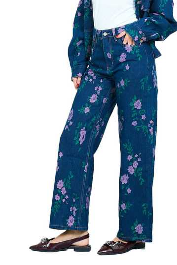 Wide Leg Floral Jeans Dark Blue