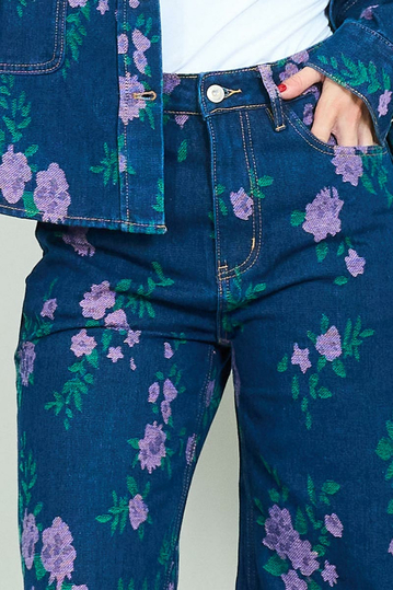 Wide Leg Floral Jeans Dark Blue