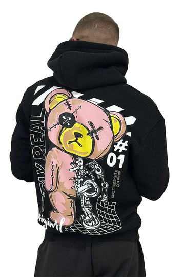 Teddy Bear Stay Real Hoodie Black