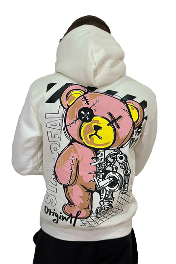 Teddy Bear Stay Real Hoodie Cream