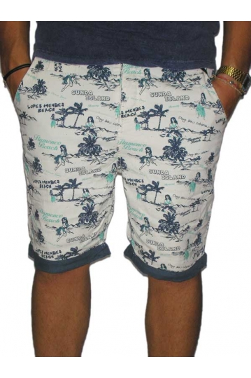 Men's chino shorts beige with blue Flamenco beach print