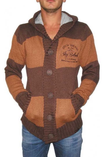 Men's hooded knit jacket in brown-camel