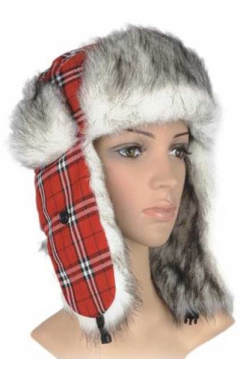 Aviator red check hat with faux-fur