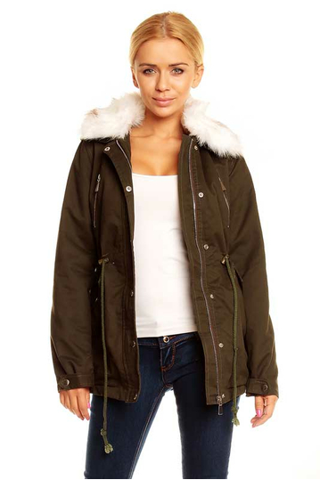 Women's khaki parka jacket with faux-fur collar