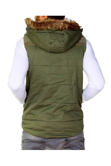 Ανδρικό χακί βαμβακερό γιλέκο με γούνα και κουκούλα